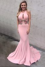 Adorable Scoop Pink Mermaid Appliques Pageant Dresses Criss Cross Elastic Woven Satin Sleeveless With Train