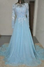 Baby Blue Organza Zipper Bateau Long Sleeves Pageant Dress for Teens Court Train Appliques and Belt