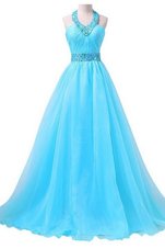 Flirting Aqua Blue Column/Sheath Halter Top Sleeveless Chiffon Floor Length Lace Up Beading and Belt Homecoming Dress
