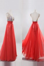 Eye-catching Coral Red Zipper V-neck Beading Prom Party Dress Chiffon Sleeveless