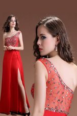 Red Satin Side Zipper One Shoulder Sleeveless Floor Length Prom Dresses Beading