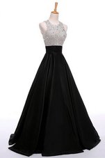 Cheap Scoop Black Satin Zipper Prom Party Dress Sleeveless Floor Length Beading