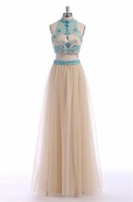 Glorious Beading and Appliques and Belt Prom Party Dress Champagne Zipper Sleeveless Floor Length