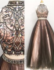 Brown Pageant Dress for Womens Prom and Party and For with Beading and Ruching High-neck Sleeveless Zipper
