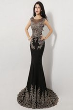 Deluxe Mermaid Scoop Sleeveless Floor Length Appliques Zipper Pageant Dress for Teens with Black Brush Train