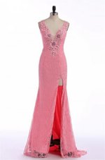 Gorgeous Rose Pink Backless V-neck Lace and Appliques Dress for Prom Organza Sleeveless Sweep Train