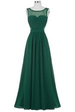 Scoop Dark Green Sleeveless Floor Length Beading and Ruching Zipper Homecoming Dress