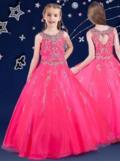 Customized Hot Pink Little Girl Pageant Dress Quinceanera and Wedding Party and For with Beading Scoop Sleeveless Zipper