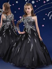 Black Asymmetric Neckline Beading and Ruffles Flower Girl Dresses for Less Sleeveless Zipper