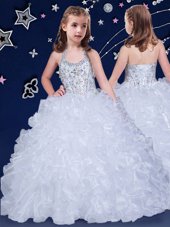 Fantastic Halter Top Sleeveless Lace Up Floor Length Beading and Ruffles Party Dress for Girls