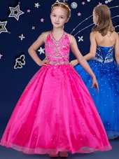 Halter Top Hot Pink Sleeveless Floor Length Beading Lace Up Little Girl Pageant Gowns