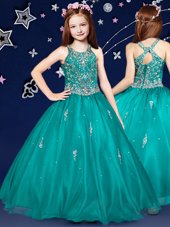 Scoop Sleeveless Zipper Floor Length Beading Little Girl Pageant Gowns