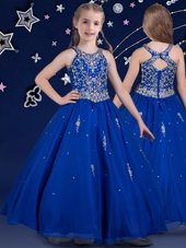 Scoop Floor Length Royal Blue Kids Formal Wear Organza Sleeveless Beading