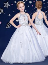 White Little Girls Pageant Dress Wholesale Quinceanera and Wedding Party and For with Beading Halter Top Sleeveless Zipper
