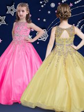 Beauteous Scoop Floor Length Ball Gowns Sleeveless Hot Pink Flower Girl Dresses for Less Zipper
