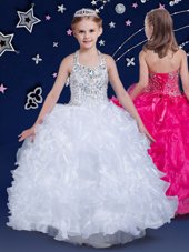 Enchanting Halter Top Floor Length White Child Pageant Dress Organza Sleeveless Beading and Ruffles