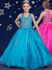 Custom Designed Blue Ball Gowns Organza Scoop Sleeveless Beading Floor Length Zipper Little Girls Pageant Dress Wholesale