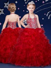 Fabulous Organza Halter Top Sleeveless Zipper Beading and Ruffles Pageant Gowns For Girls in Wine Red