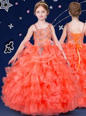 Orange Party Dress for Toddlers Quinceanera and Wedding Party and For with Beading and Ruffled Layers Asymmetric Sleeveless Lace Up