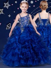 Sleeveless Organza Floor Length Lace Up Child Pageant Dress in Royal Blue for with Beading and Ruffled Layers