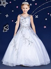 Cheap Scoop Floor Length Zipper Girls Pageant Dresses White and In for Quinceanera and Wedding Party with Beading