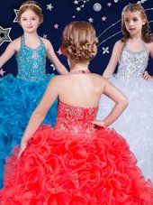 Custom Design Halter Top Organza Sleeveless Floor Length Kids Pageant Dress and Beading and Ruffles