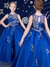 Scoop Royal Blue Sleeveless Floor Length Beading and Appliques Zipper Party Dress