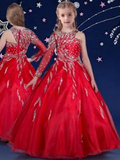 Red Organza Zipper Flower Girl Dresses for Less Sleeveless Floor Length Beading and Ruffles