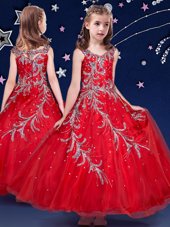 Scoop Red Ball Gowns Beading and Appliques Party Dress for Toddlers Zipper Organza Sleeveless Ankle Length