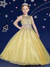 Best Selling Gold Ball Gowns Scoop Sleeveless Organza Floor Length Zipper Beading Little Girl Pageant Gowns