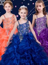 Flirting Royal Blue and Purple and Orange Lace Up Asymmetric Beading and Ruffles Flower Girl Dresses for Less Organza Sleeveless