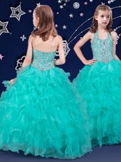 Sweet Halter Top Turquoise Zipper Little Girl Pageant Gowns Beading and Ruffles Sleeveless Floor Length