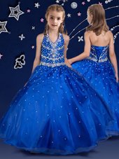 Halter Top Sleeveless Organza Floor Length Lace Up Flower Girl Dress in Royal Blue for with Beading