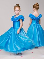Blue Ball Gowns Tulle Off The Shoulder Cap Sleeves Appliques Ankle Length Zipper Flower Girl Dress