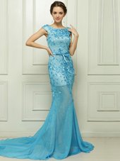 Mermaid Baby Blue Sleeveless Chiffon Brush Train Zipper Prom Evening Gown for Prom and Party