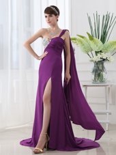 One Shoulder Sleeveless Brush Train Zipper Prom Party Dress Purple Elastic Woven Satin