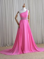 Rose Pink Lace Up One Shoulder Beading Glitz Pageant Dress Chiffon Sleeveless Brush Train