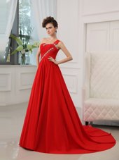 Unique Red Silk Like Satin Zipper One Shoulder Sleeveless Prom Dresses Court Train Beading and Ruching