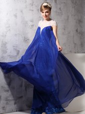 Custom Fit Royal Blue Sleeveless Lace and Sequins Floor Length Evening Dress
