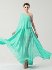 Traditional One Shoulder Turquoise Chiffon Side Zipper Sleeveless Ankle Length Ruching