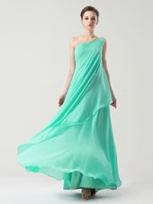 Sweet Chiffon One Shoulder Sleeveless Side Zipper Beading and Ruching Prom Party Dress in Turquoise