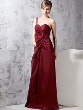 One Shoulder Floor Length Zipper Prom Dress Burgundy and In for Prom and Party with Beading and Ruching