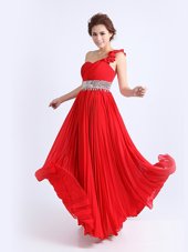 Designer Red Zipper One Shoulder Beading and Ruching and Pleated Chiffon Sleeveless