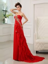 With Train Red Evening Outfits Chiffon Brush Train Sleeveless Beading and Appliques and Ruffled Layers