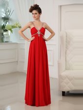 Glorious Red Column/Sheath Chiffon V-neck Sleeveless Beading and Ruching Floor Length Zipper Prom Gown