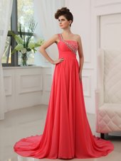 One Shoulder Sleeveless Pageant Dress for Womens With Brush Train Beading Watermelon Red Chiffon
