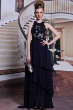 Black Chiffon Lace Up Scoop Sleeveless Floor Length Prom Party Dress Beading and Lace