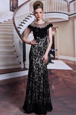 Scoop Black Lace Zipper Cap Sleeves Floor Length Beading and Lace and Hand Made Flower