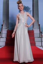 Scoop Silver Sleeveless Beading and Appliques and Ruching Floor Length Prom Party Dress