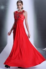 Red Empire Chiffon Bateau Sleeveless Hand Made Flower Floor Length Zipper Prom Evening Gown